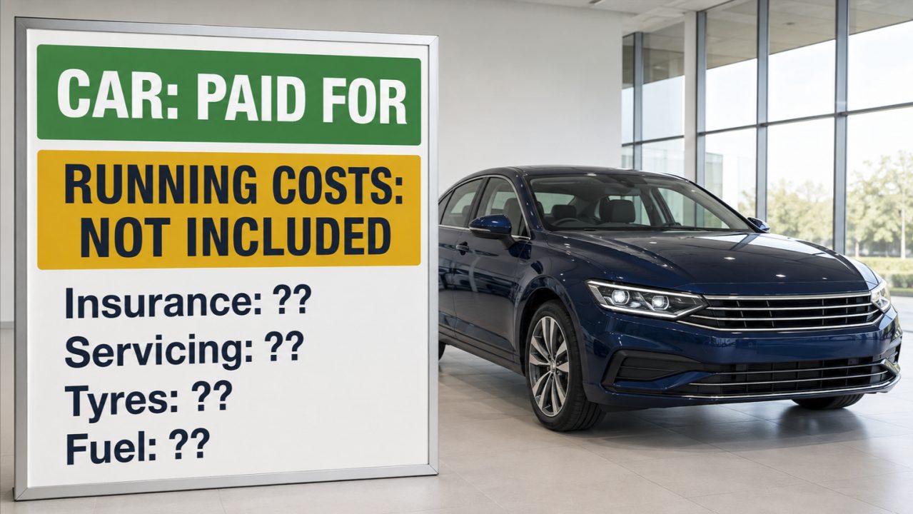 A new dark blue car in a showroom beside a sign reading: car paid for, running costs not included, insurance, servicing, tyres and fuel all marked with question marks.