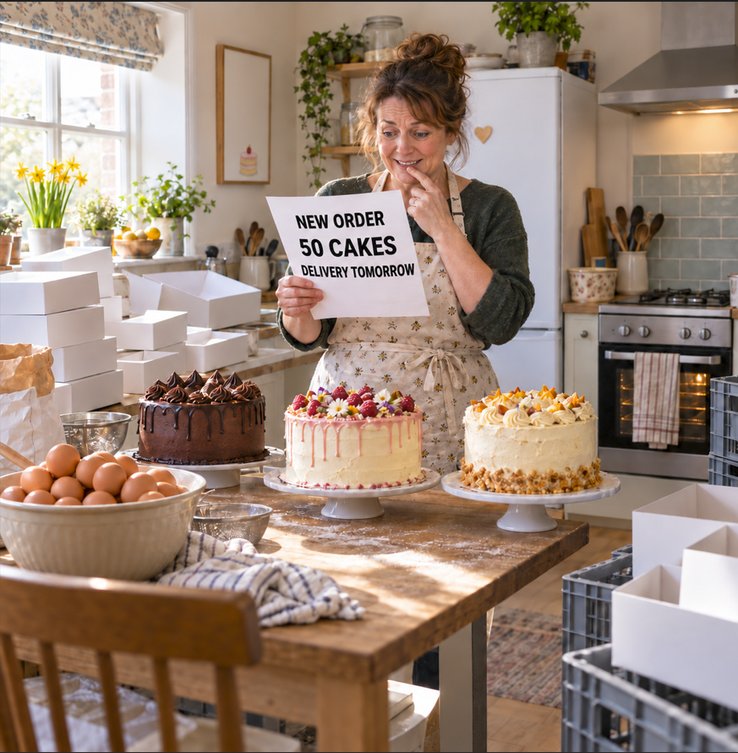A home baker in her kitchen holding a new order for fifty cakes, delivery tomorrow, with three finished cakes on the table.