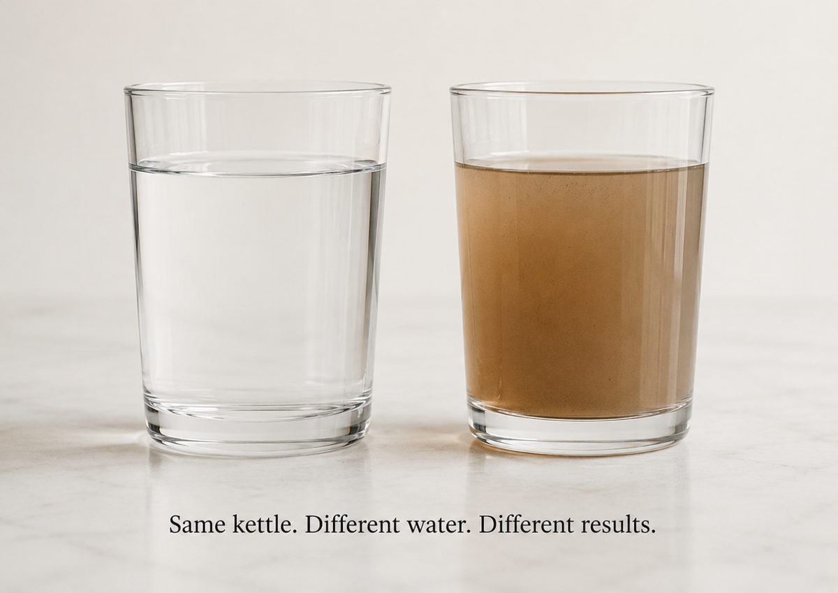 Two identical glasses side by side, one of clear water and one of muddy brown water. Caption: same kettle, different water, different results.