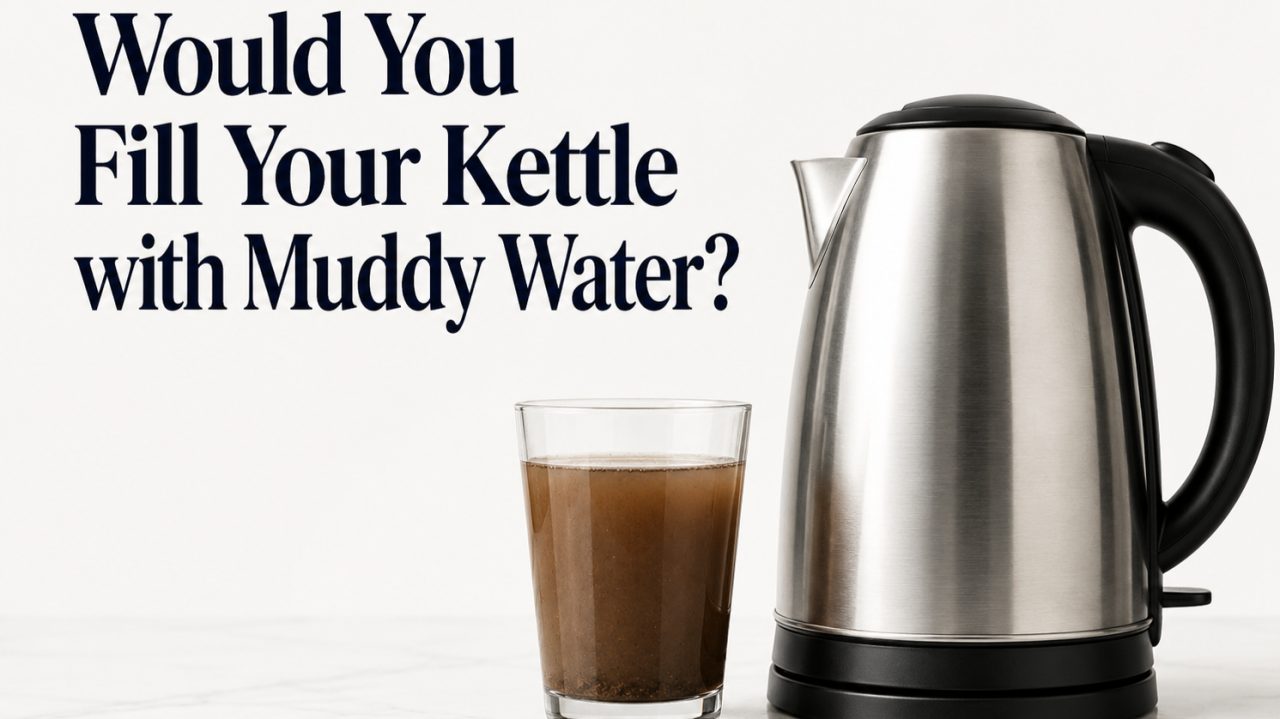 A stainless steel kettle next to a glass of muddy brown water. Caption: would you fill your kettle with muddy water?