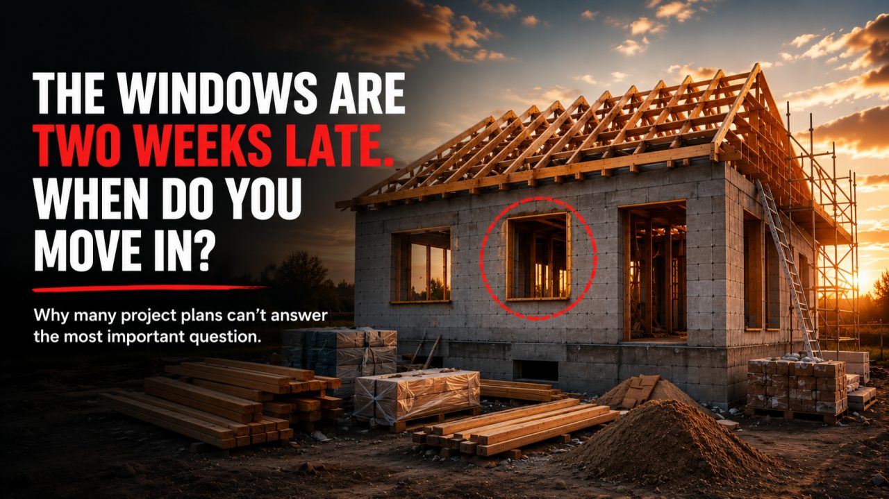 A half-built house at sunset with one window opening circled in red. Caption: the windows are two weeks late. When do you move in? Why many project plans cannot answer the most important question.